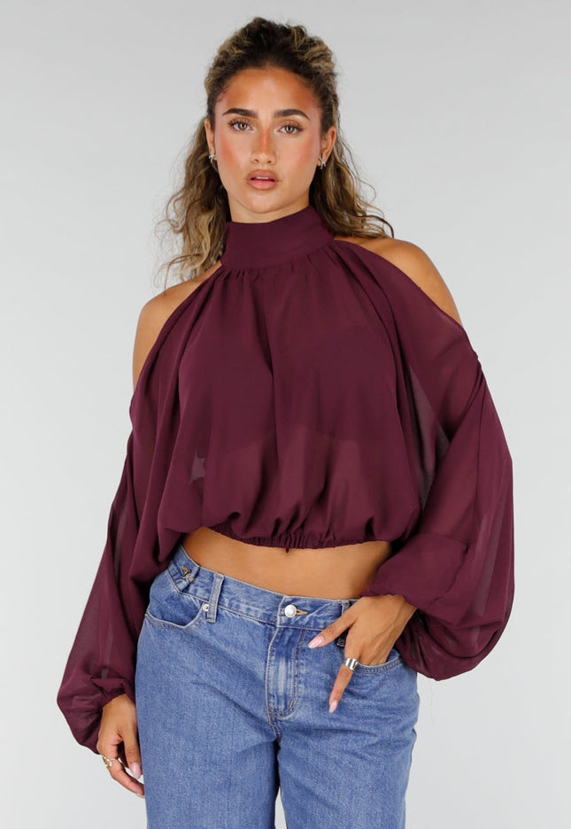 NEW160926 Plum Cold Shoulder Crop Top met Col