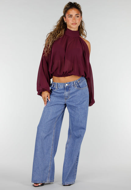 NEW160926 Plum Cold Shoulder Crop Top met Col