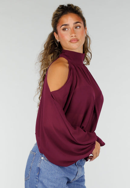 NEW160926 Plum Cold Shoulder Crop Top met Col