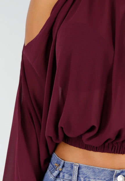 NEW160926 Plum Cold Shoulder Crop Top met Col