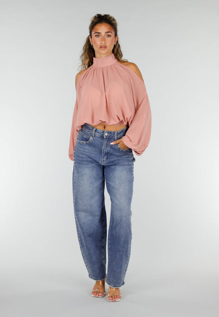NEW160926 Roze Cold Shoulder Crop Top met Col