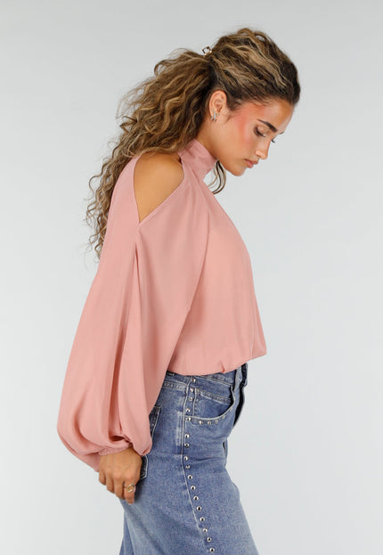 NEW160926 Roze Cold Shoulder Crop Top met Col