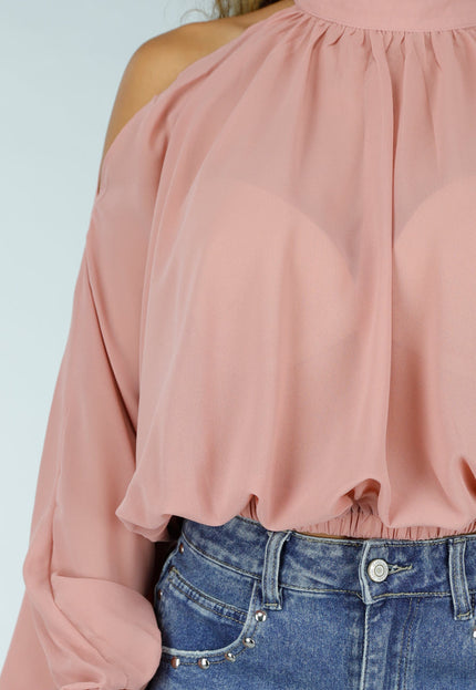 NEW160926 Roze Cold Shoulder Crop Top met Col