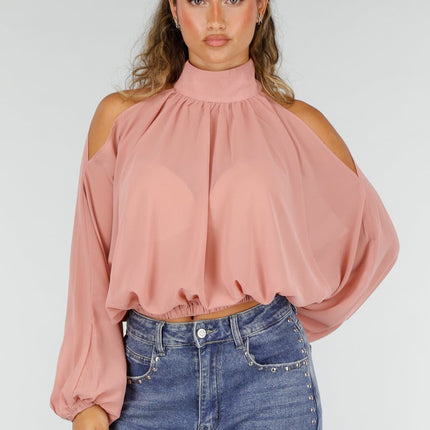 NEW160926 Roze Cold Shoulder Crop Top met Col