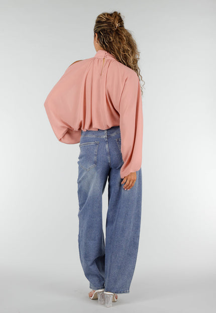 NEW160926 Roze Cold Shoulder Crop Top met Col