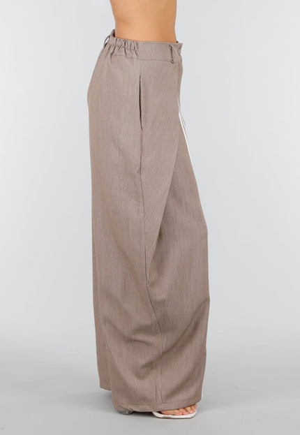 NEW160926 Taupe Wijde Baloon Pantalon met Witte Strepen