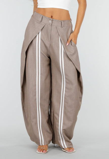NEW160926 Taupe Wijde Baloon Pantalon met Witte Strepen