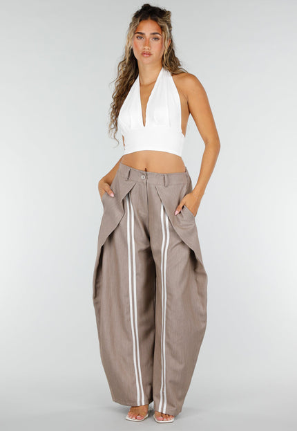 NEW160926 Taupe Wijde Baloon Pantalon met Witte Strepen