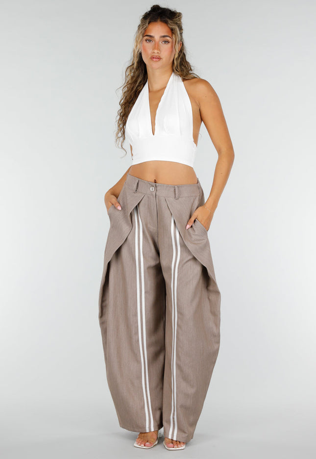 NEW160926 Taupe Wijde Baloon Pantalon met Witte Strepen