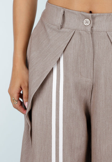 NEW160926 Taupe Wijde Baloon Pantalon met Witte Strepen