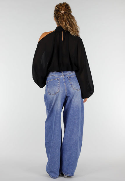 NEW160926 Zwarte Cold Shoulder Crop Top met Col