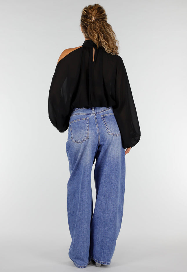 NEW160926 Zwarte Cold Shoulder Crop Top met Col