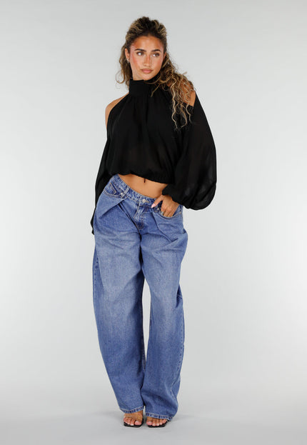 NEW160926 Zwarte Cold Shoulder Crop Top met Col