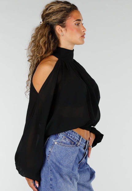 NEW160926 Zwarte Cold Shoulder Crop Top met Col