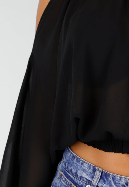 NEW160926 Zwarte Cold Shoulder Crop Top met Col
