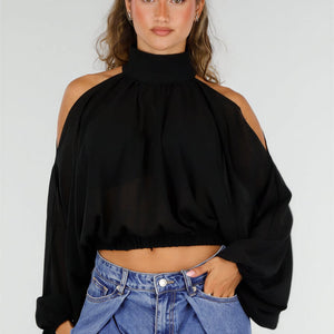 NEW160926 Zwarte Cold Shoulder Crop Top met Col