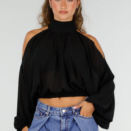 NEW160926 Zwarte Cold Shoulder Crop Top met Col