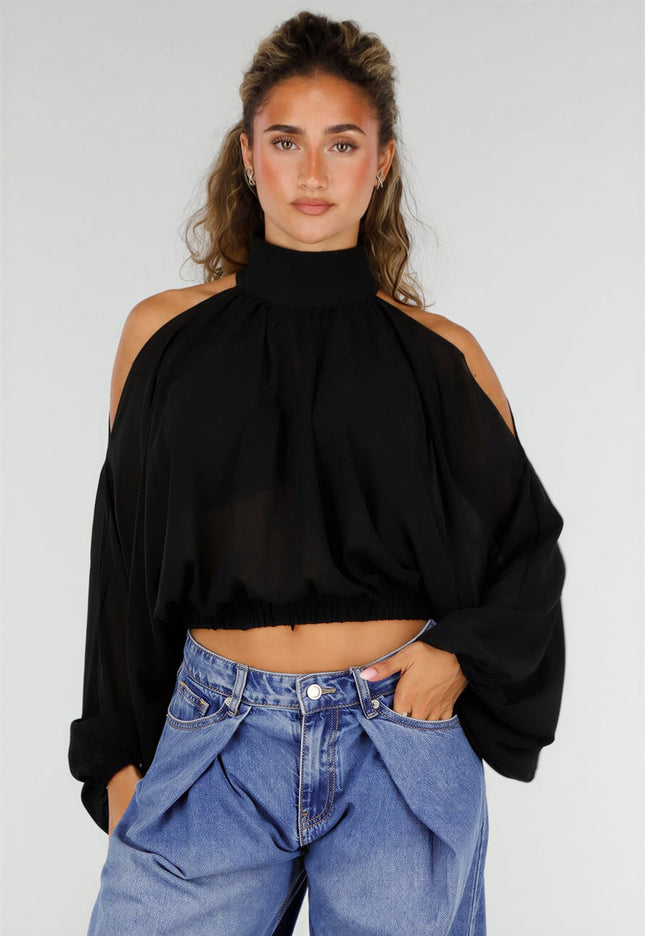 NEW160926 Zwarte Cold Shoulder Crop Top met Col