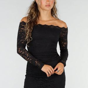 NEW160926 Zwarte Kanten Off Shoulder Mini Jurk