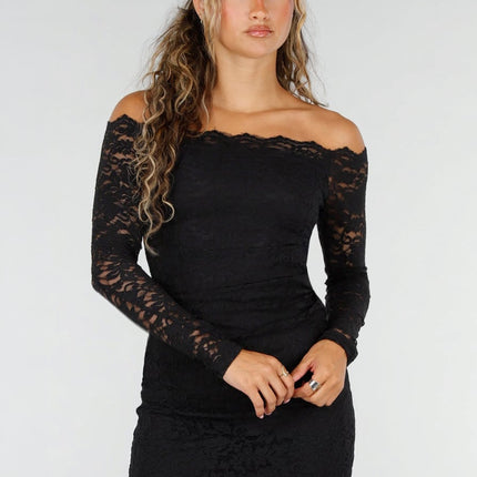 NEW160926 Zwarte Kanten Off Shoulder Mini Jurk