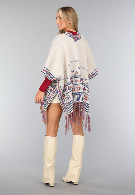 NEW1610 Beige Print Cardigan met Franjes