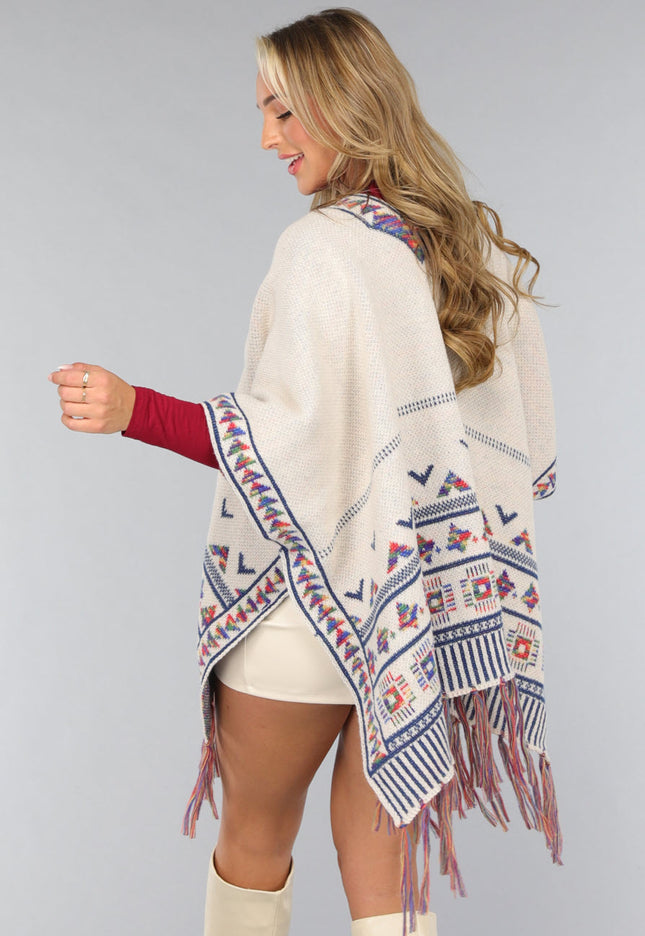 NEW1610 Beige Print Cardigan met Franjes
