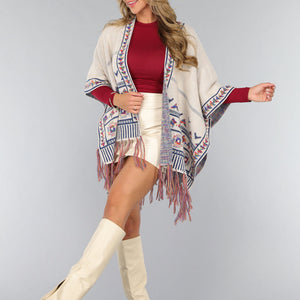 NEW1610 Beige Print Cardigan met Franjes