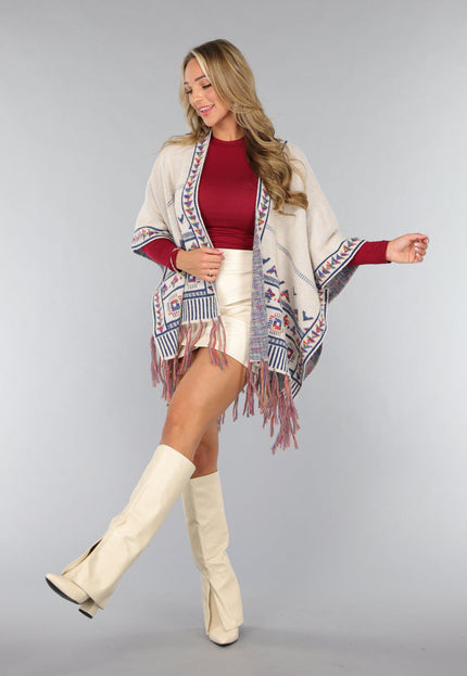 NEW1610 Beige Print Cardigan met Franjes