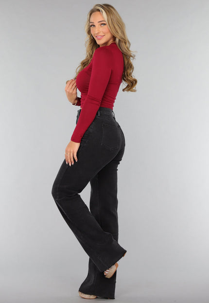 NEW1610 Burgundy Rode Geplooide Longsleeve Top