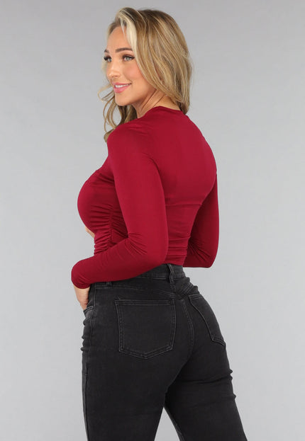 NEW1610 Burgundy Rode Geplooide Longsleeve Top