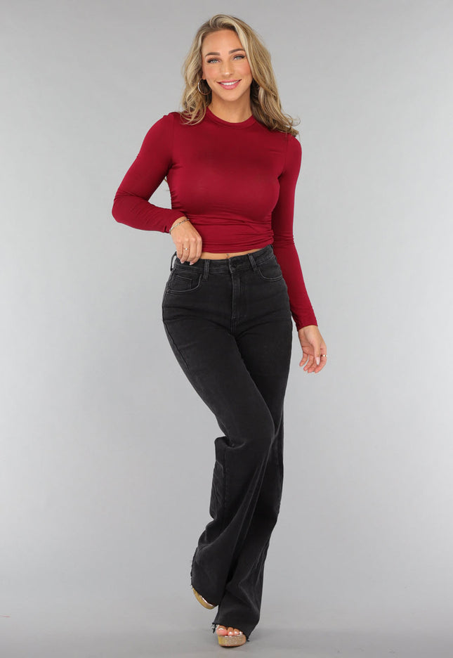 NEW1610 Burgundy Rode Geplooide Longsleeve Top