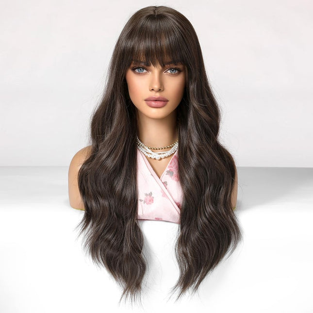 NEW1610 Donkerbruine Golvend Haarstuk met Pony