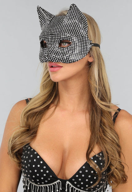 NEW1610 Strass Cat Masker met Zilveren Klauwen Handschoenen