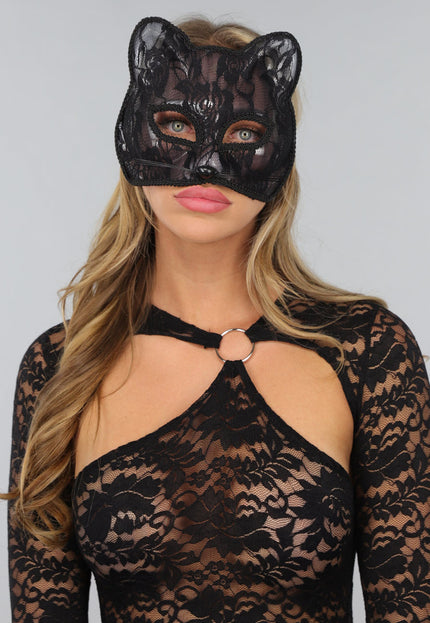 NEW1610 Zwart Katten Masker met Bloemen Kant