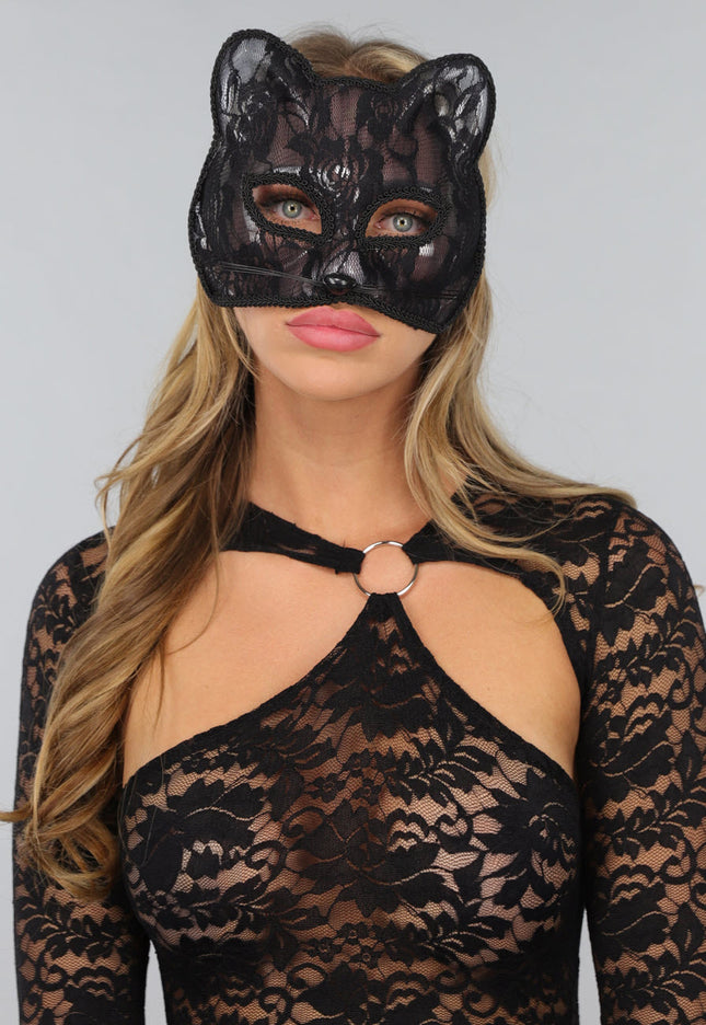 NEW1610 Zwart Katten Masker met Bloemen Kant