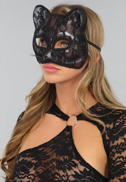NEW1610 Zwart Katten Masker met Bloemen Kant