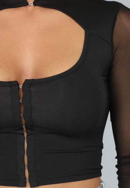NEW1610 Zwarte Rave Crop Top met Mesh Mouwen