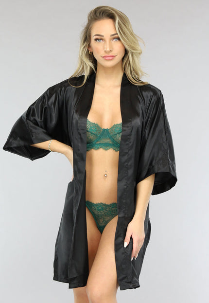 NEW1701 Glimmende Zwarte Satijnen Kimono Kort