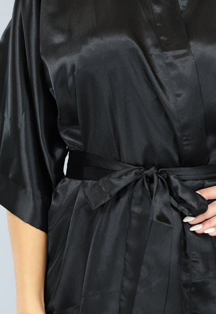 NEW1701 Glimmende Zwarte Satijnen Kimono Kort