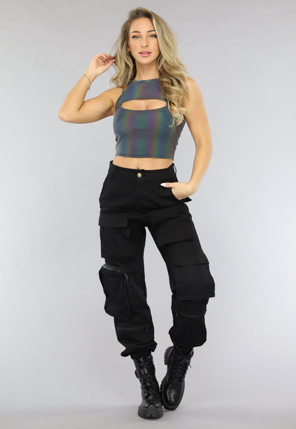 NEW1701 Reflecterende Crop Top met Uitsnede