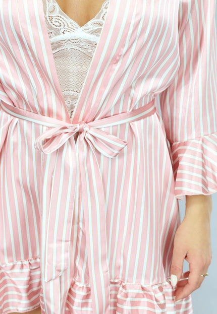 NEW1701 Roze Gestreepte Satijnen Pyjama Short Set