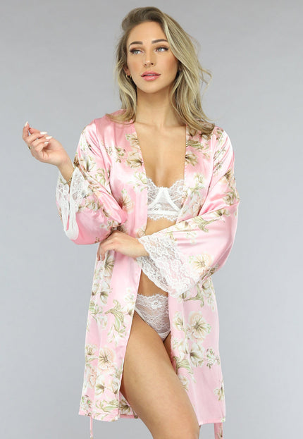 NEW1701 Satijnen Bloemen Kimono in Roze
