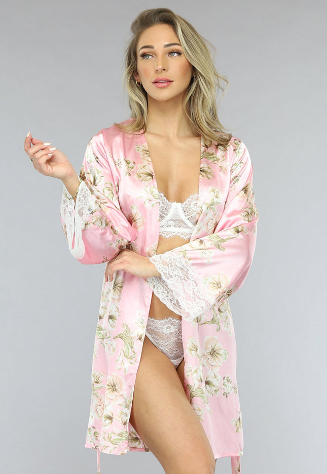 NEW1701 Satijnen Bloemen Kimono in Roze
