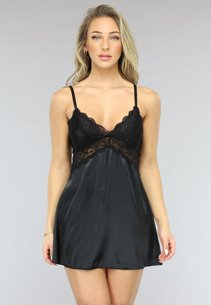 NEW1701 Satin Babydoll met Open Rug in Zwart