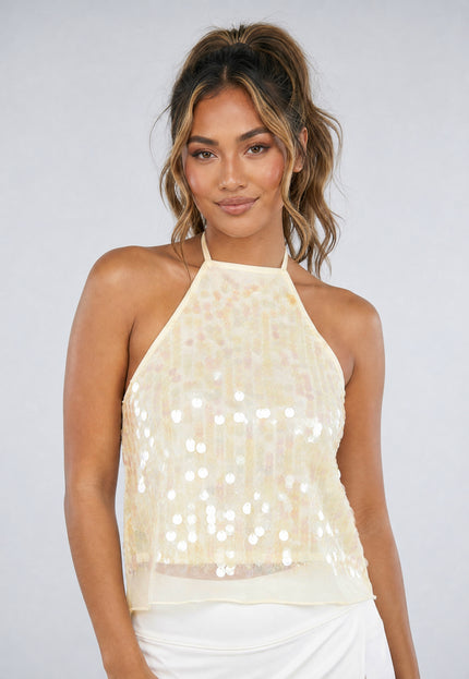 NEW170626 Crème Pailletten Halter Top