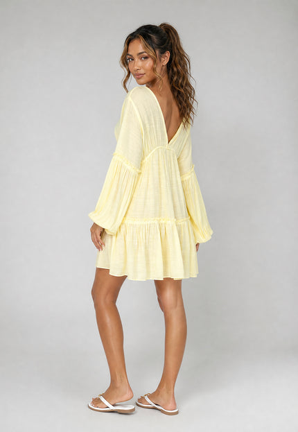 NEW170626 Lichtgele Mousseline Mini Jurk met V-Hals