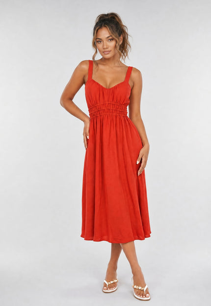 NEW170626 Oranje Midi Jurk met Stretch