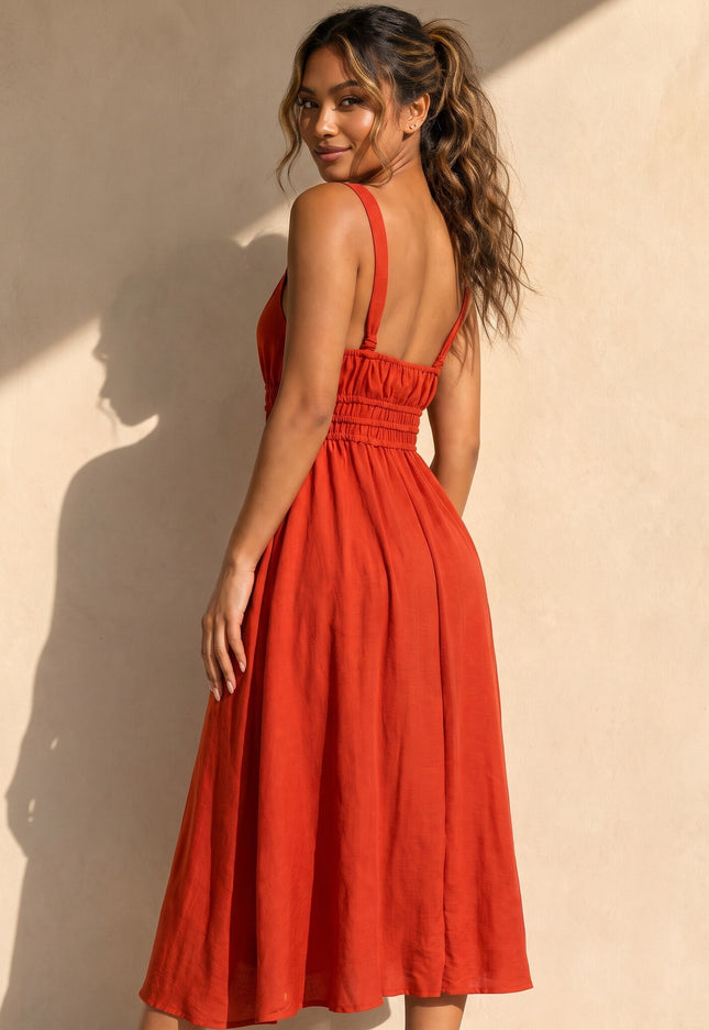 NEW170626 Oranje Midi Jurk met Stretch