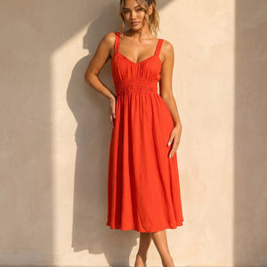 NEW170626 Oranje Midi Jurk met Stretch