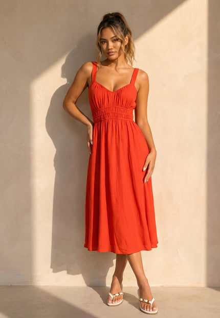 NEW170626 Oranje Midi Jurk met Stretch